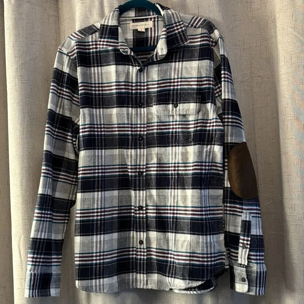 Aeropostale Flannel Shirt Men's Size m Gray and Blue Long Sleeve Button Up Plaid